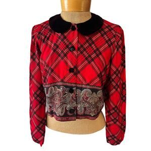 90s Y2K Karin Stevens Red n black plaid paisley crop Jacket bolero velvet collar